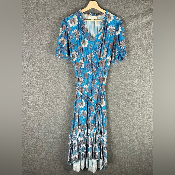 Nature Blue Floral Tiered Maxi Dress L Boho Cottagecore Puff Sleeve Beachy - Picture 2 of 12